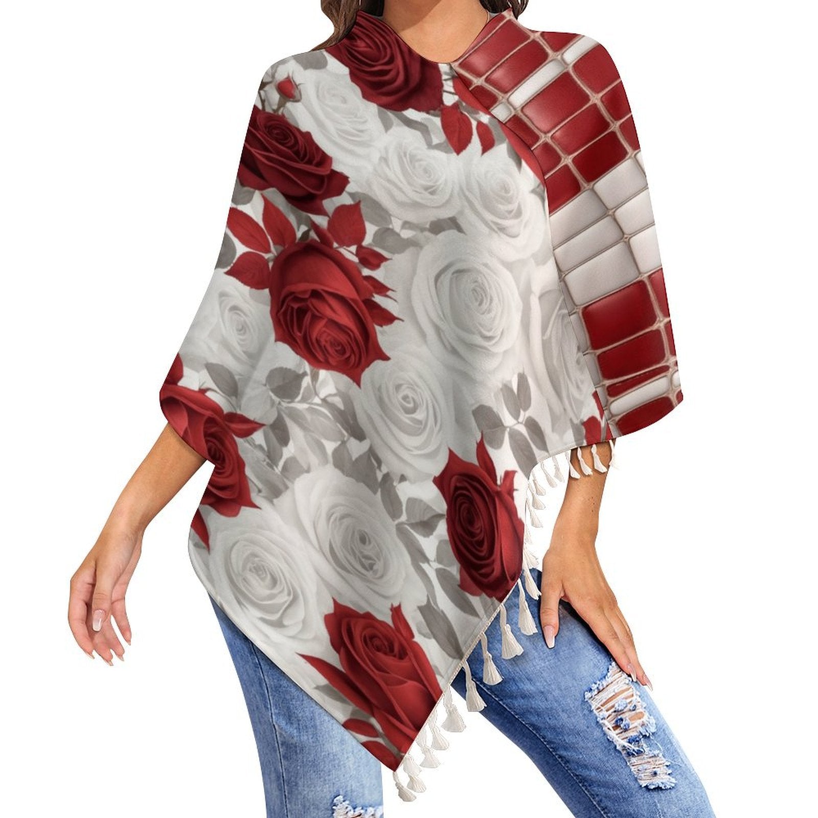 Red and white geometric floral tassel cape with tassel trim in polyester blend — alternate view