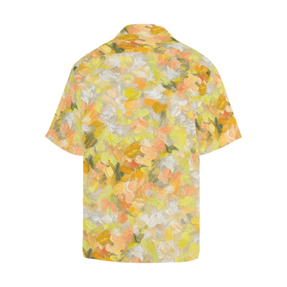 Yellow sunshine patterned men's short-sleeve designer shirt with notch lapel and relaxed boxy fit — additional view 6