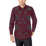 Men's long-sleeve burgundy geometric dress shirt with button-down collar and chest pocket