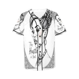 Black and white women's baseball jersey with full-button front and rounded hem in mesh fabric — alternate view
