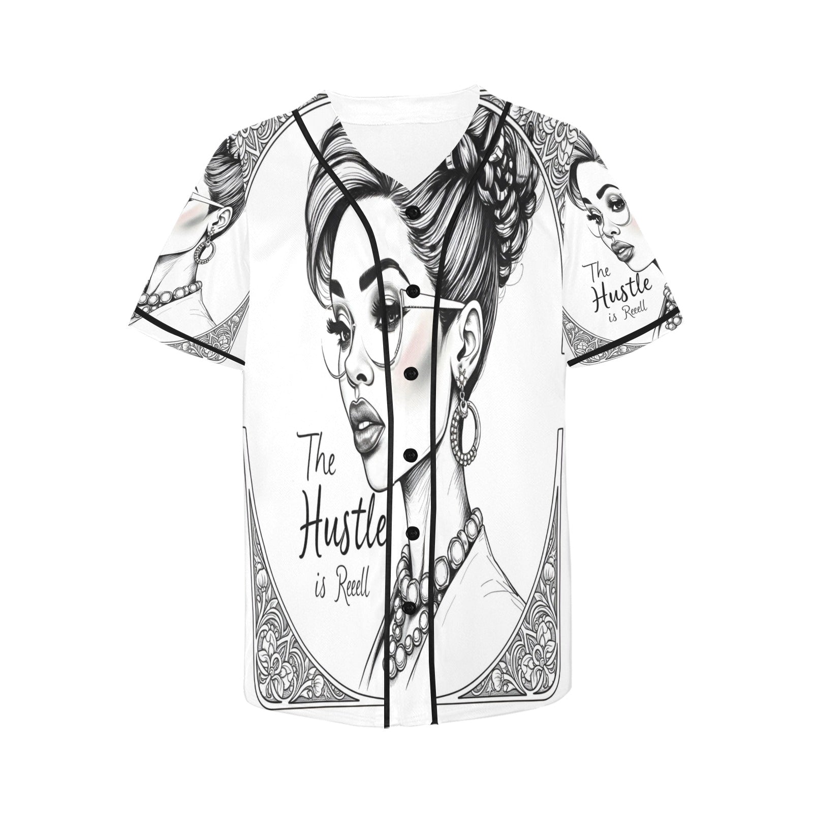 Black and white women's baseball jersey with full-button front and rounded hem in mesh fabric — alternate view