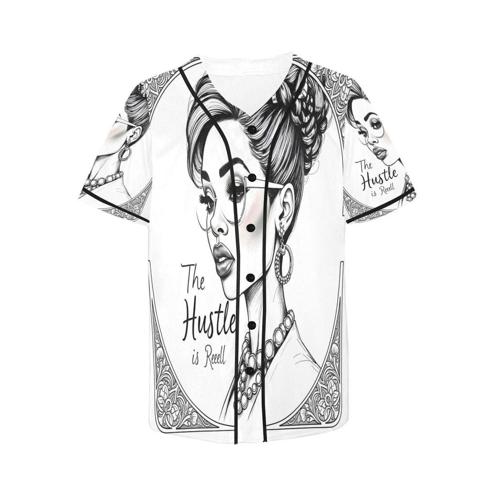 Rich and Rich The Hustle Is Real Women's Black and White Baseball Jersey front view