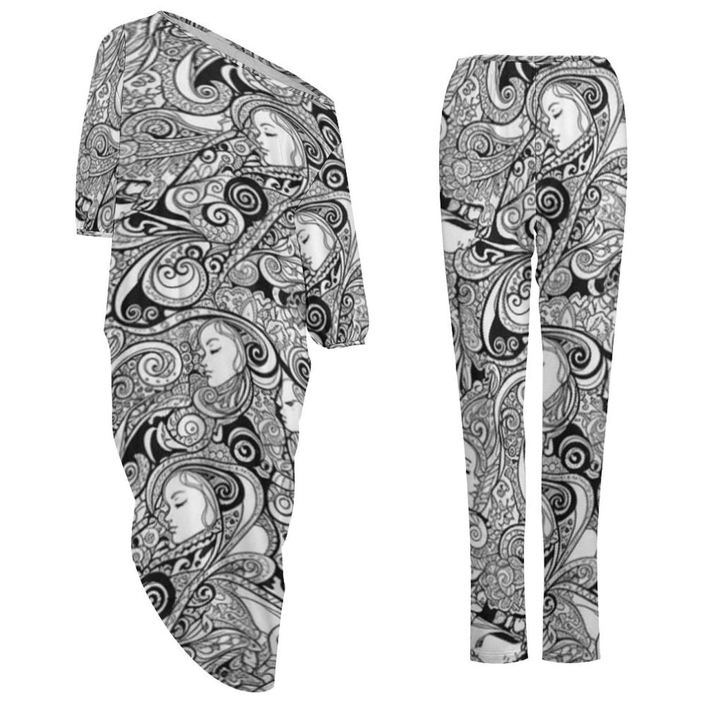 Rich and Rich Black and White Abstract Women's Off Shoulder Two-piece Set