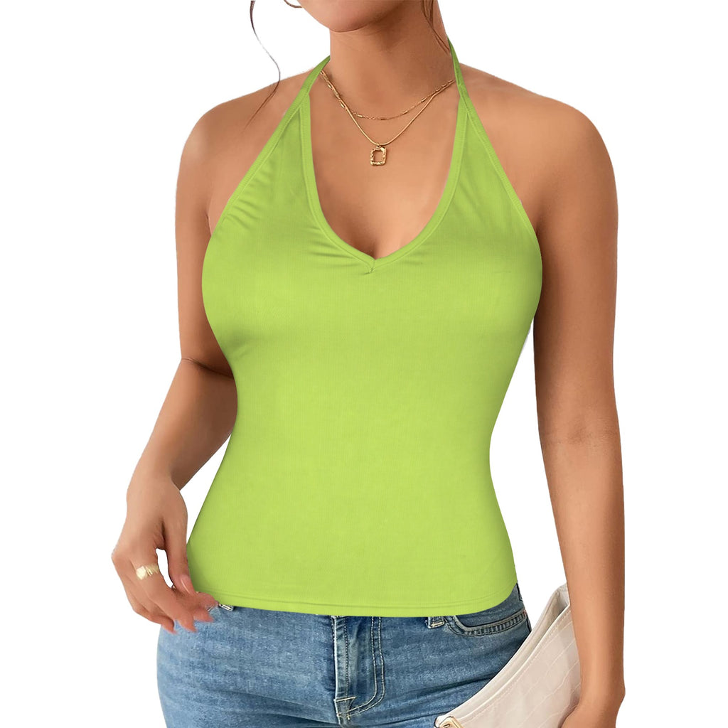 Rich and Rich Key Lime Women’s V-Neck Halter Top | Lightweight Stretch Halter Shirt