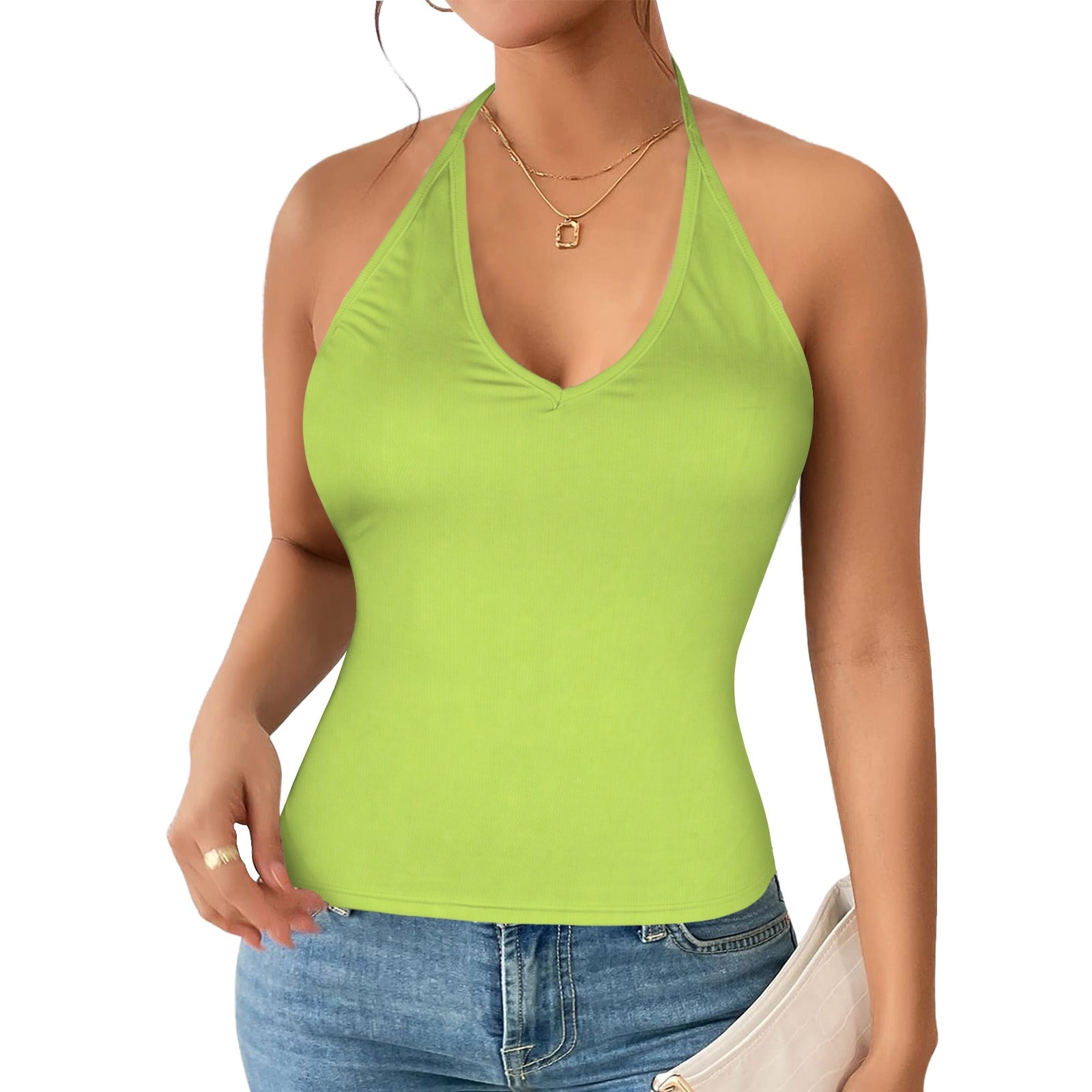 Rich and Rich Key Lime Women’s V-Neck Halter Top | Lightweight Stretch Halter Shirt