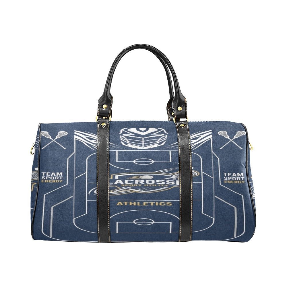 Blue weekender duffel with lacrosse-inspired artwork, PU leather handles, and adjustable shoulder strap — side view