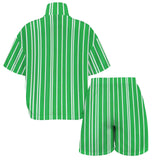 Green pinstriped women's short-sleeve windbreaker jacket with matching elastic-waist shorts — additional view 10