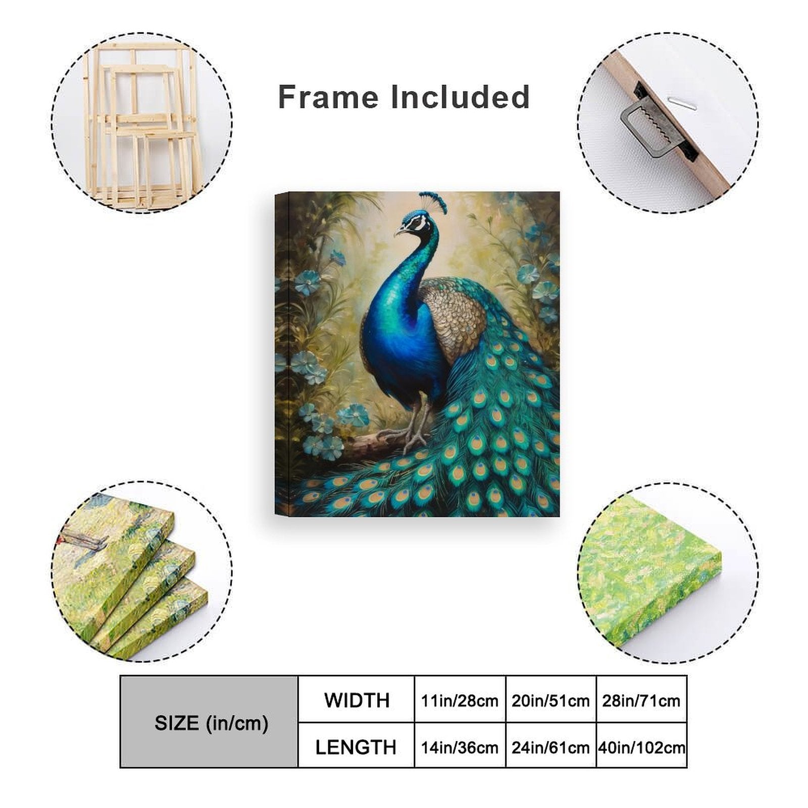 Vertical peacock canvas art with bright blue and green tones, hand-framed 20×24 — alternate view