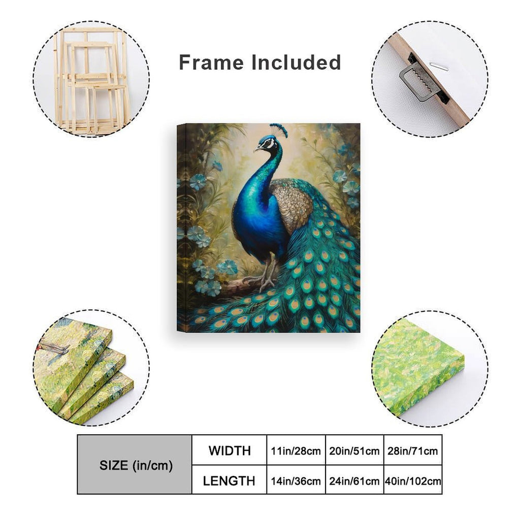 Vertical 20x24 inch peacock decorative canvas painting with vibrant colors and hand-framed detail
