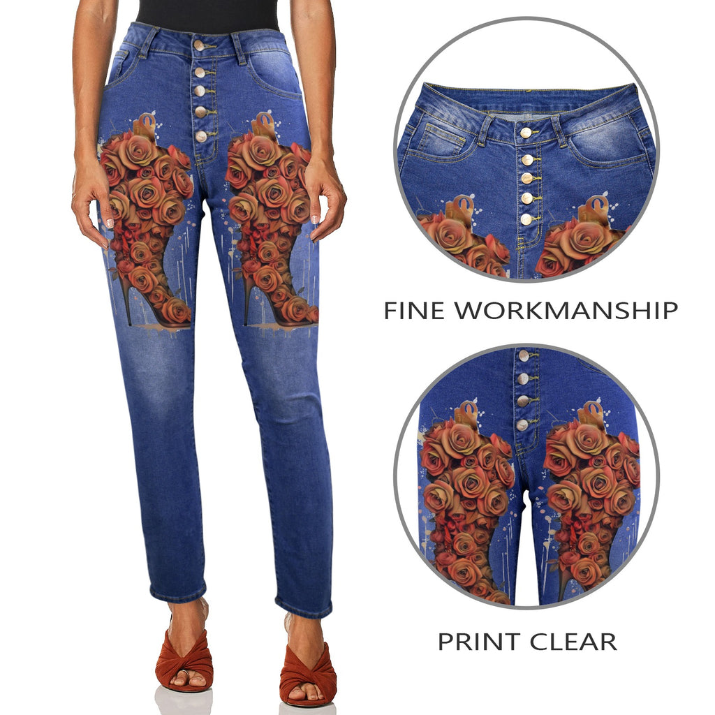 Rich and Rich Rust Orange high waist women's jeans with front print and five-button closure