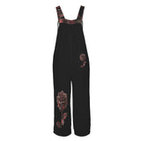 Black sleeveless wide-leg jumpsuit with red rose print and button straps — rear view
