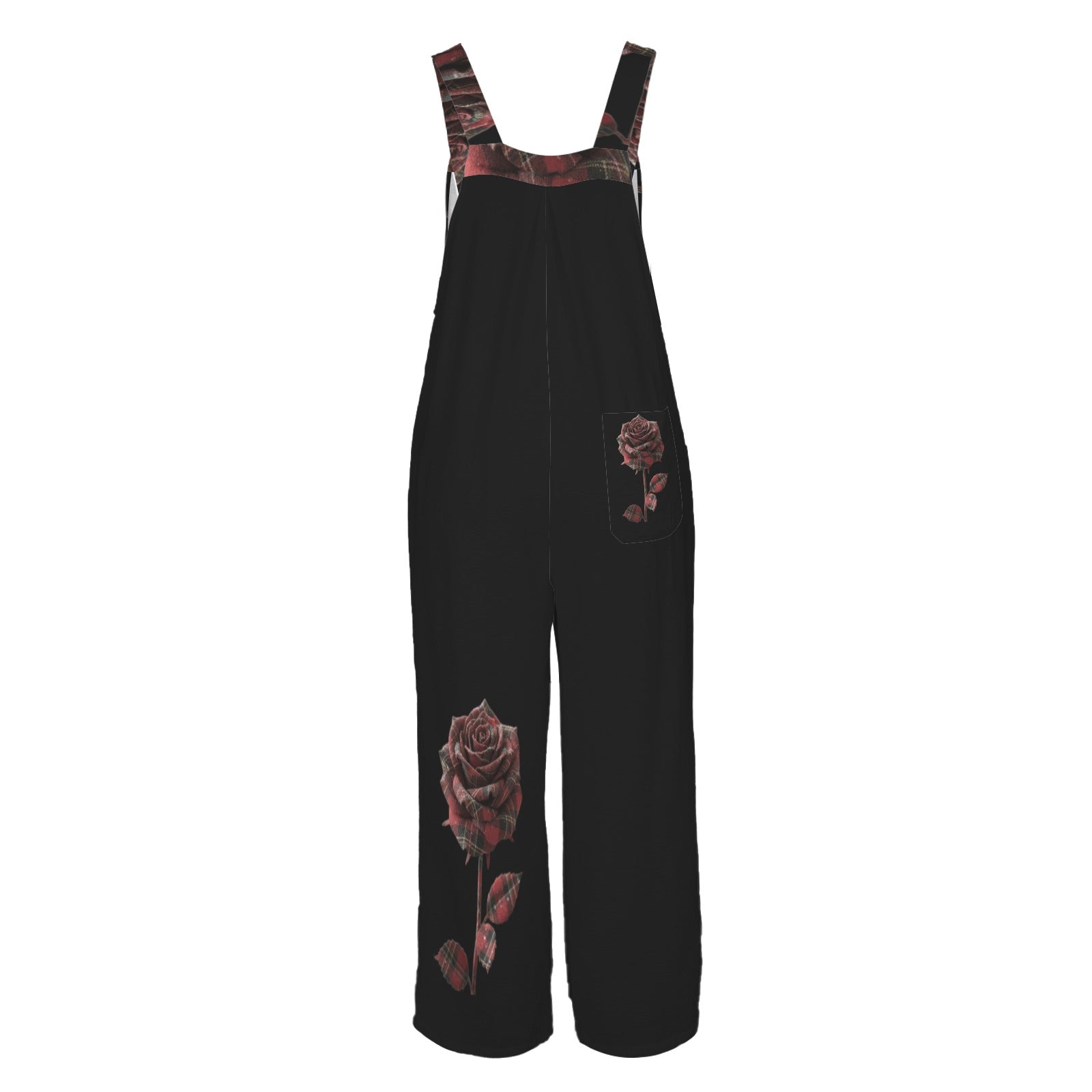 Black sleeveless wide-leg jumpsuit with red rose print and button straps — rear view