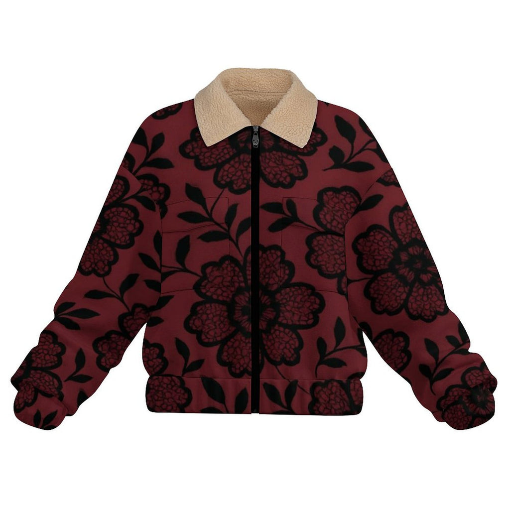 Rich and Rich Burgundy Rose Women's Patch Pocket Fleece Jacket in burgundy with rose design