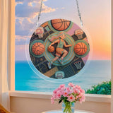 Round acrylic basketball jigsaw ornament with Hoop Dreams design and metal hanging chain — product detail