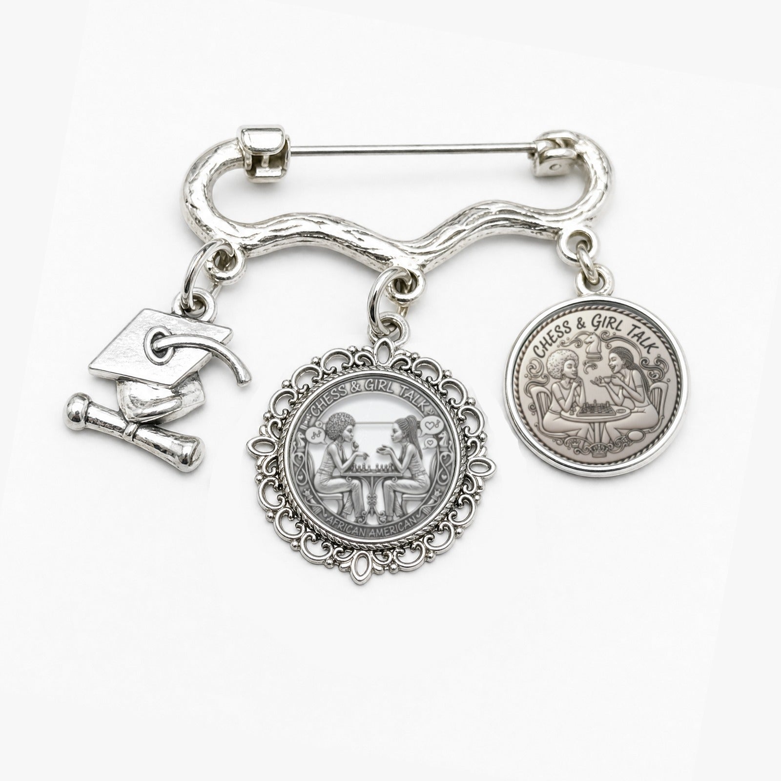 Double round photo charm brooch with graduation cap charm and Chess & Girl Talk design