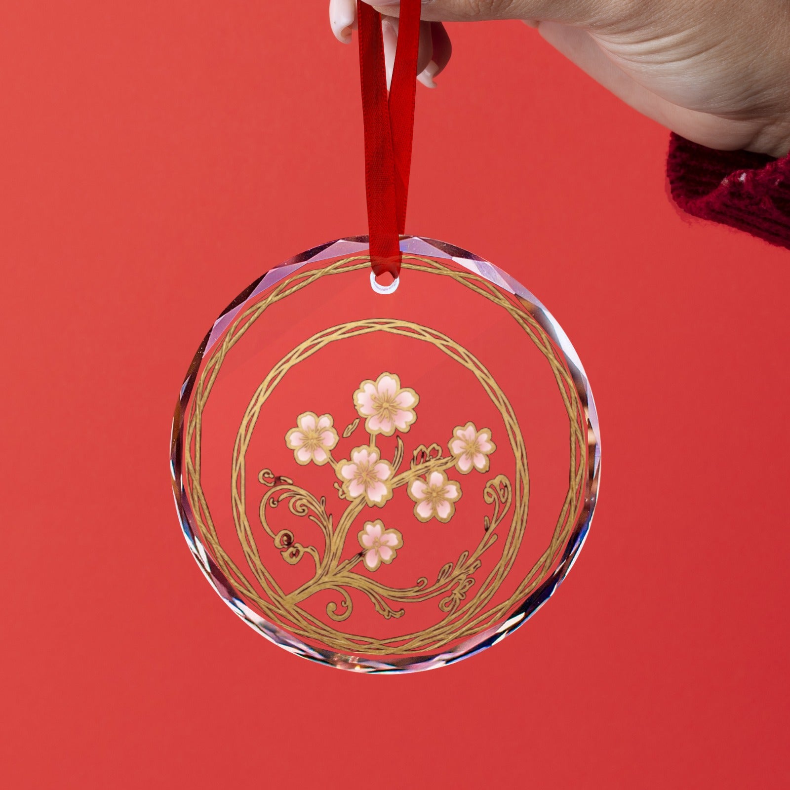 Rich and Rich Japanese Cherry Blossom Round Crystal Glass Ornament