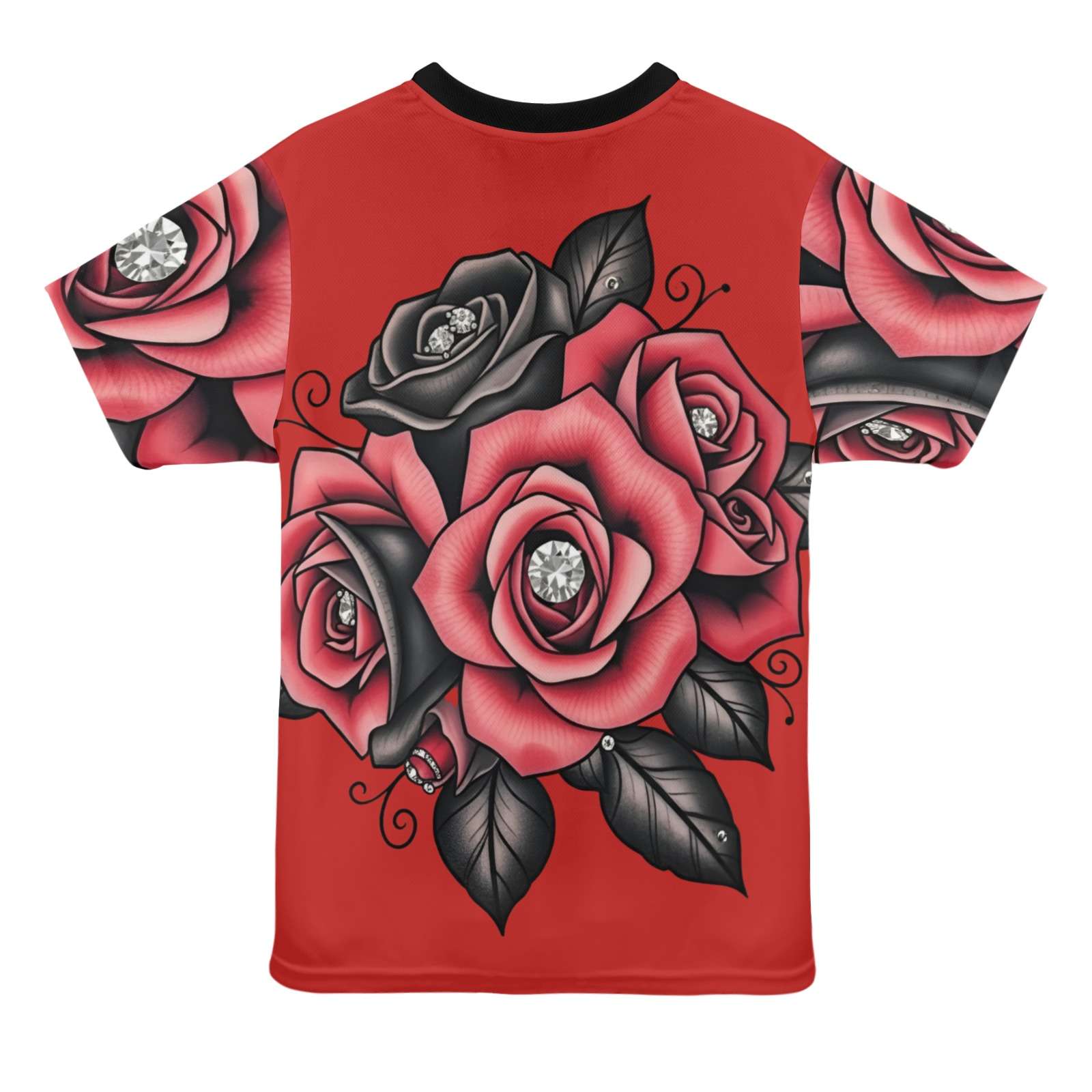 Red women's t-shirt with roses and diamonds all-over print in polyester mesh — rear view