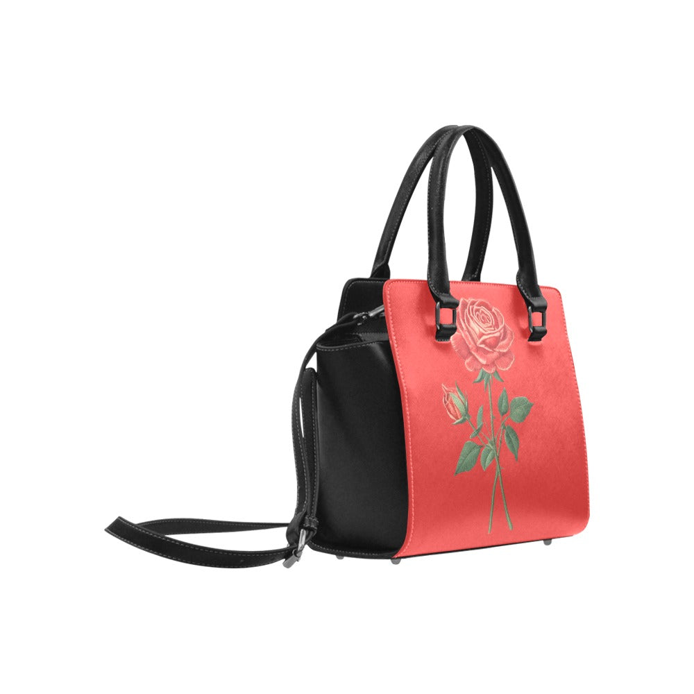 R&RH Red Roses Classic Women's Shoulder Handbag in red PU leather with double handles and adjustable shoulder strap