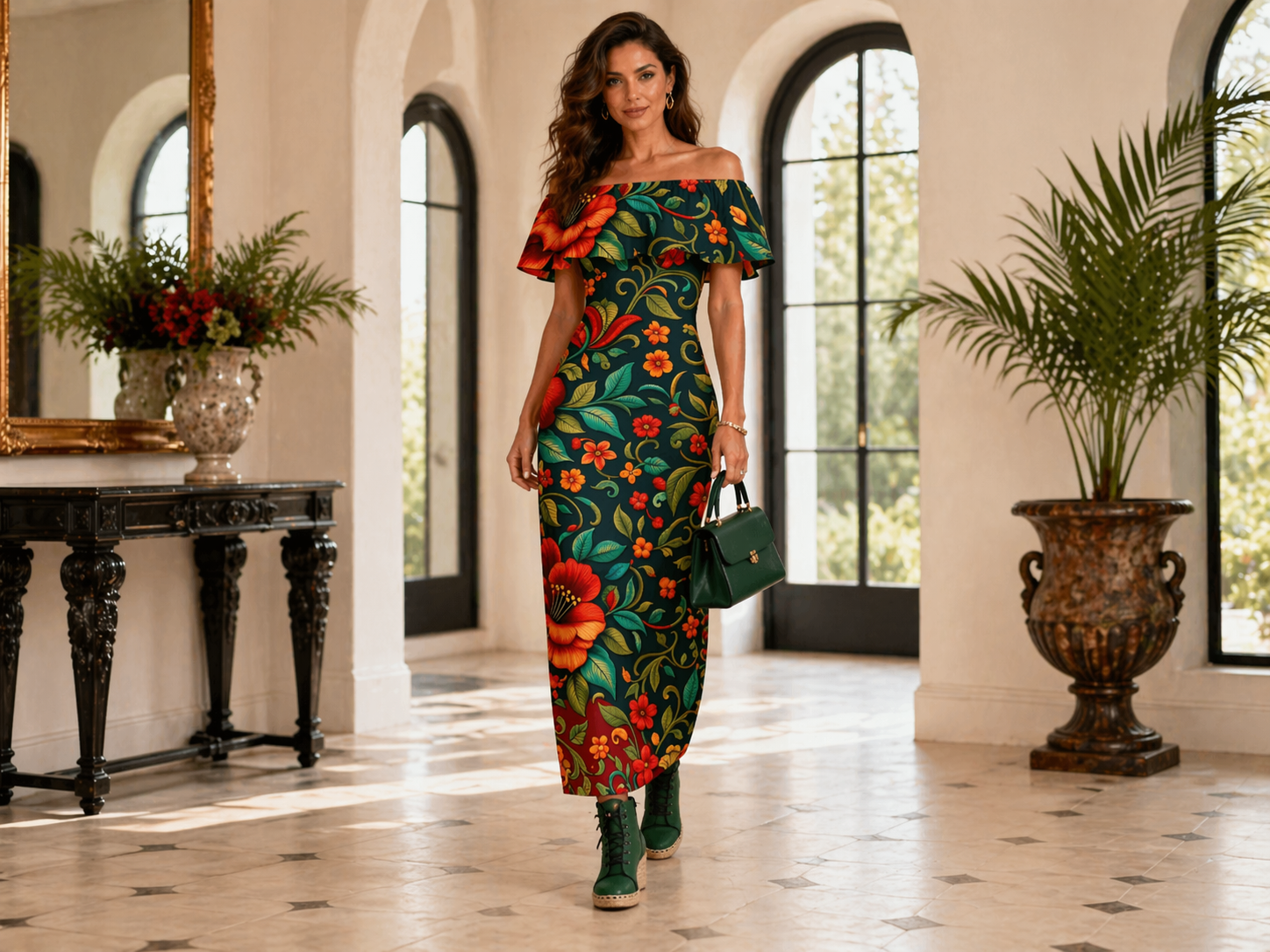 Rich and Rich Embroidered Floral Multicolor Women’s Off Shoulder Ruffle Boat Neck Dress