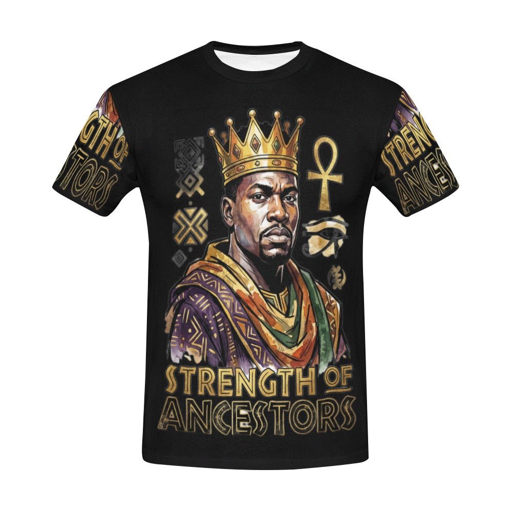 Men's black T-shirt with Strength of Ancestors all-over graphic print — side view