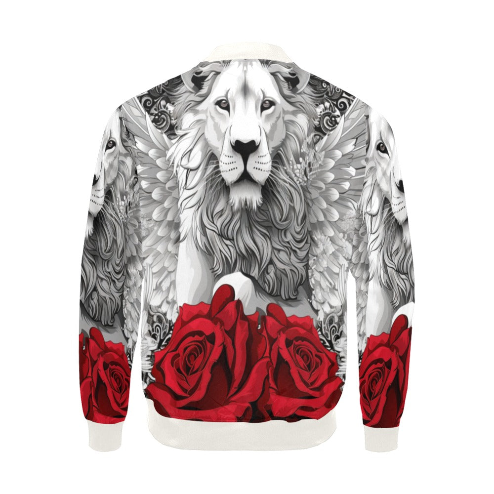 R&RH Men's White Zipper Bomber Jacket with Caricature and Roses All Over Print