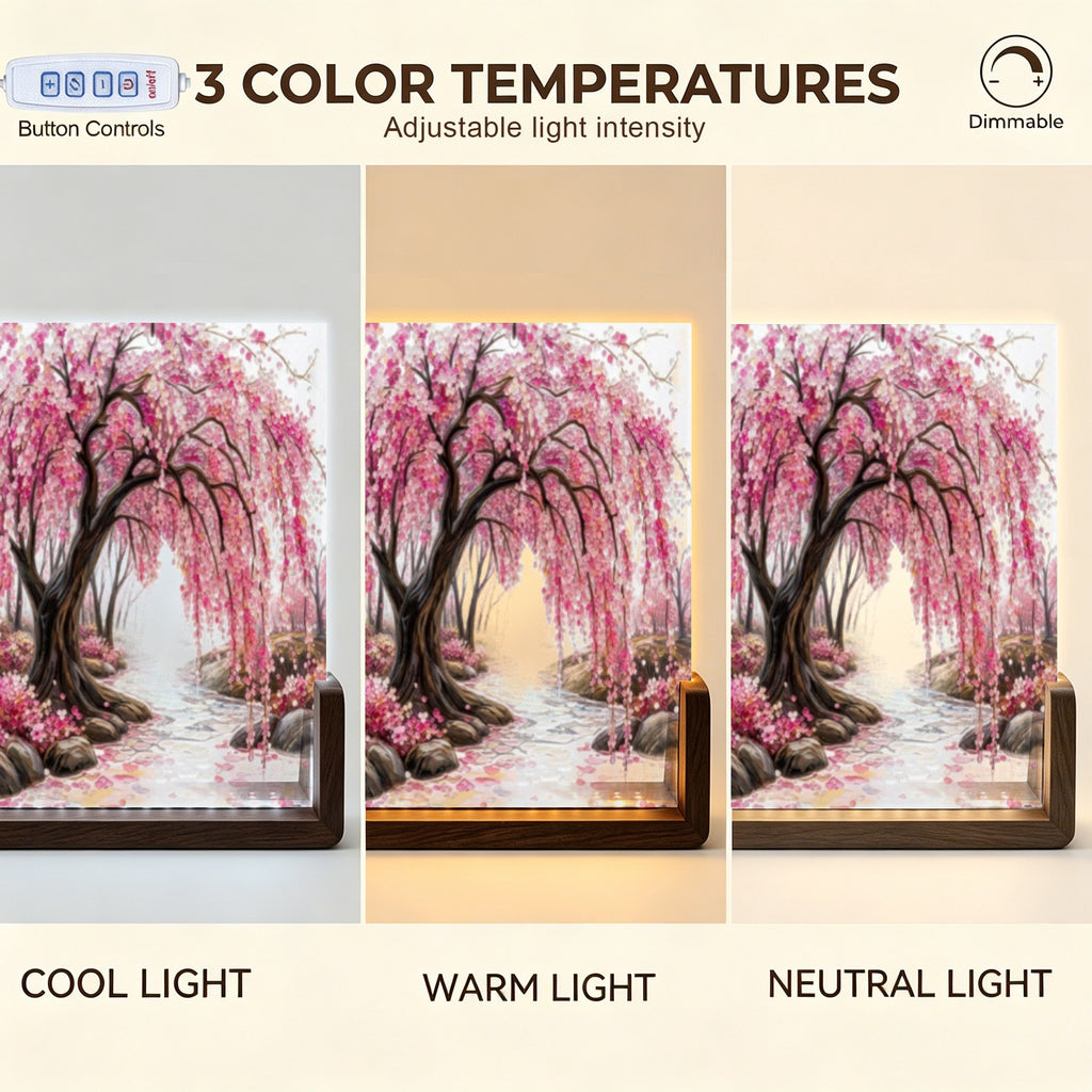 Japanese Cherry Blossom Acrylic Night Light Walnut Base 5"x7" (3 Color Temps Walnut Base)