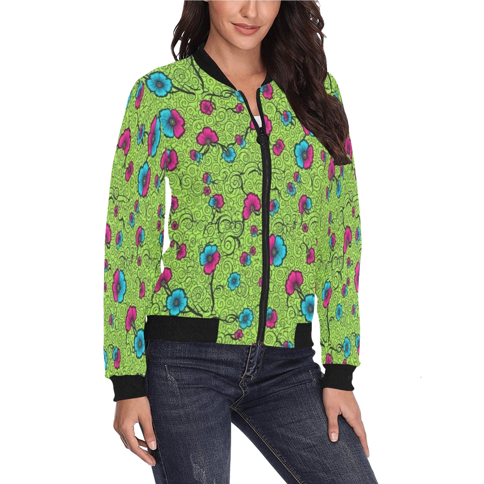 Rich and Rich Women's Green Floral Bomber Jacket