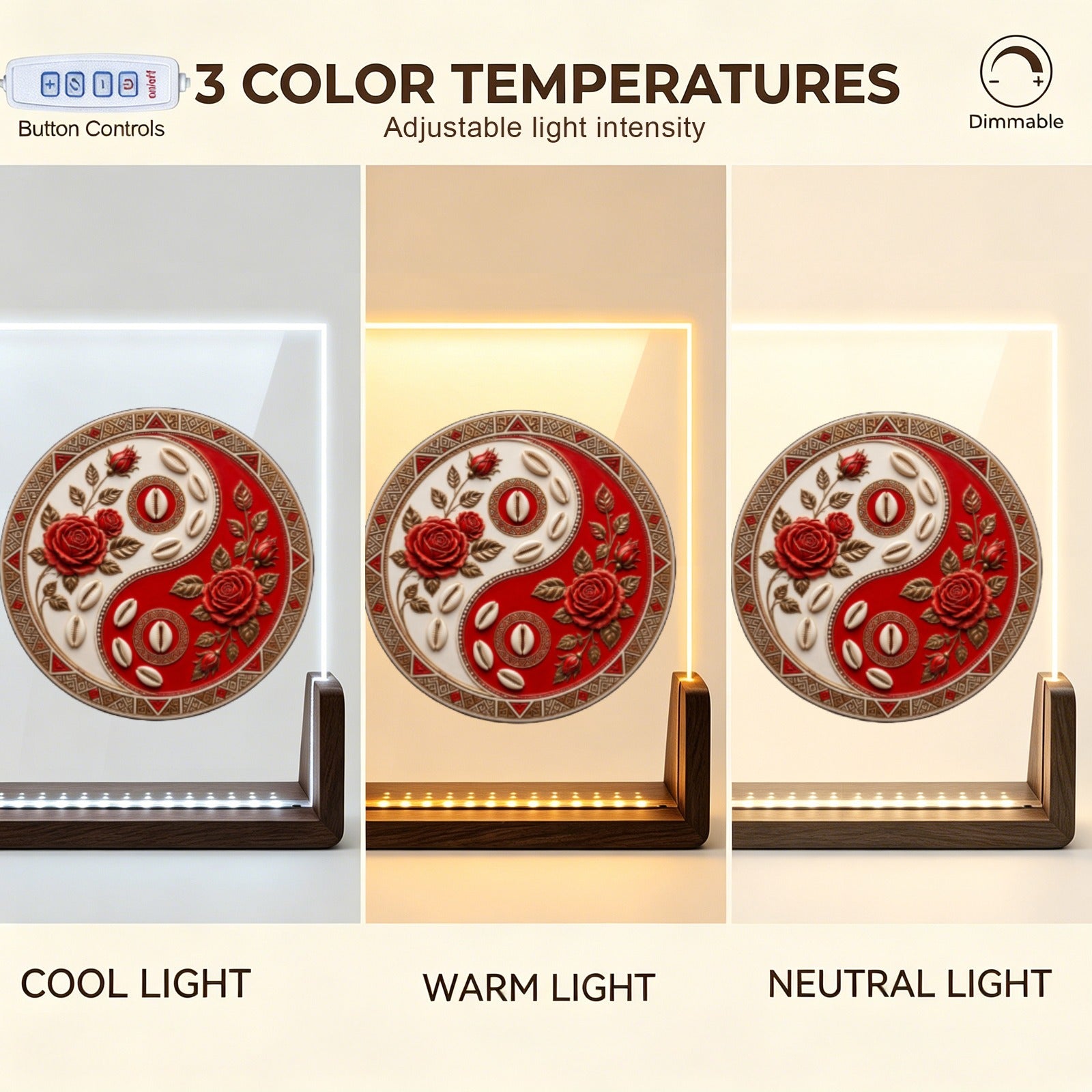 Rich and Rich Tribal Elegance Yin-Yang Acrylic Night Light 5 x 7 with Walnut Base - Rich and Rich Homeopportunities