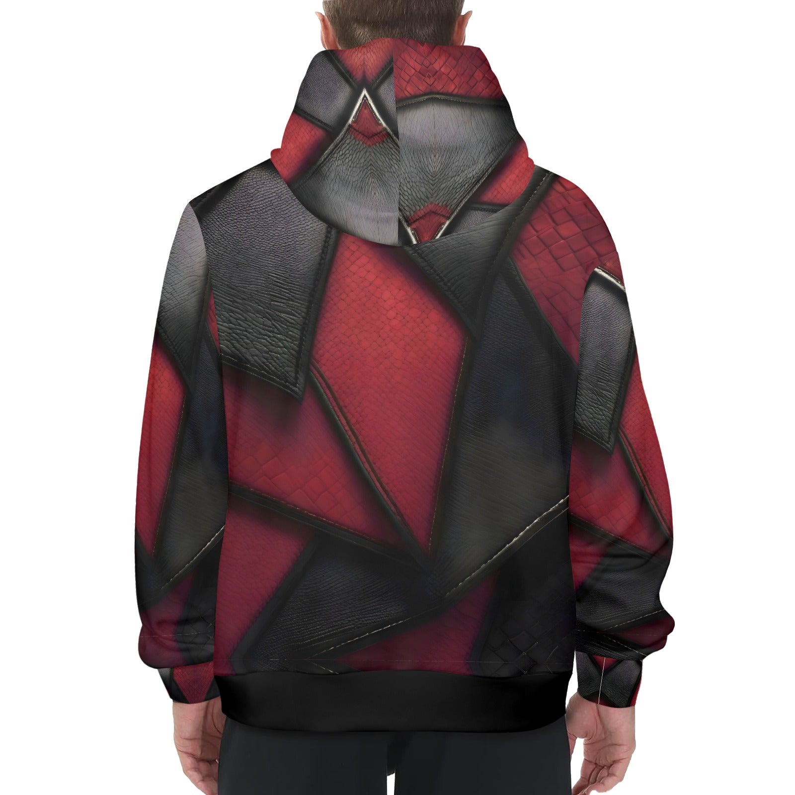 R&RH Burgundy and Black Diagonal Design Men's Long Sleeve Hoodie with Drawstring Hood and Kangaroo Pocket