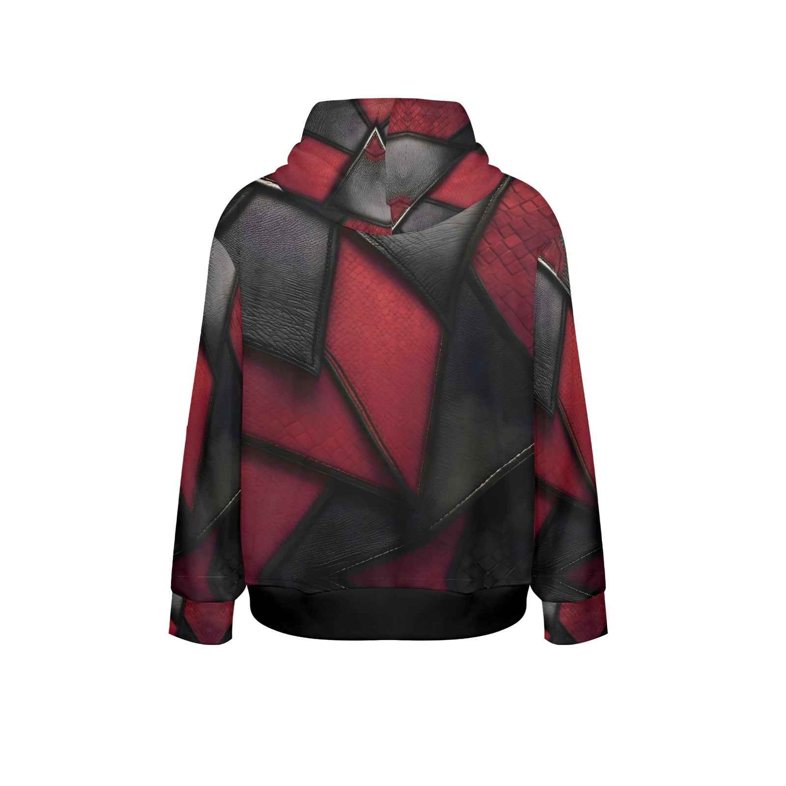 Burgundy and black diagonal patterned men's hoodie with drawstring hood and kangaroo pocket — rear view