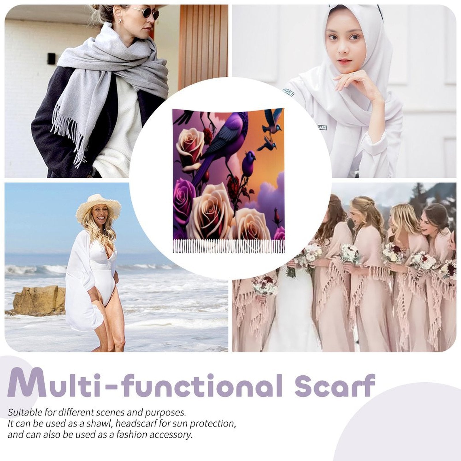 R&RH Birds Tassel Purple Scarf