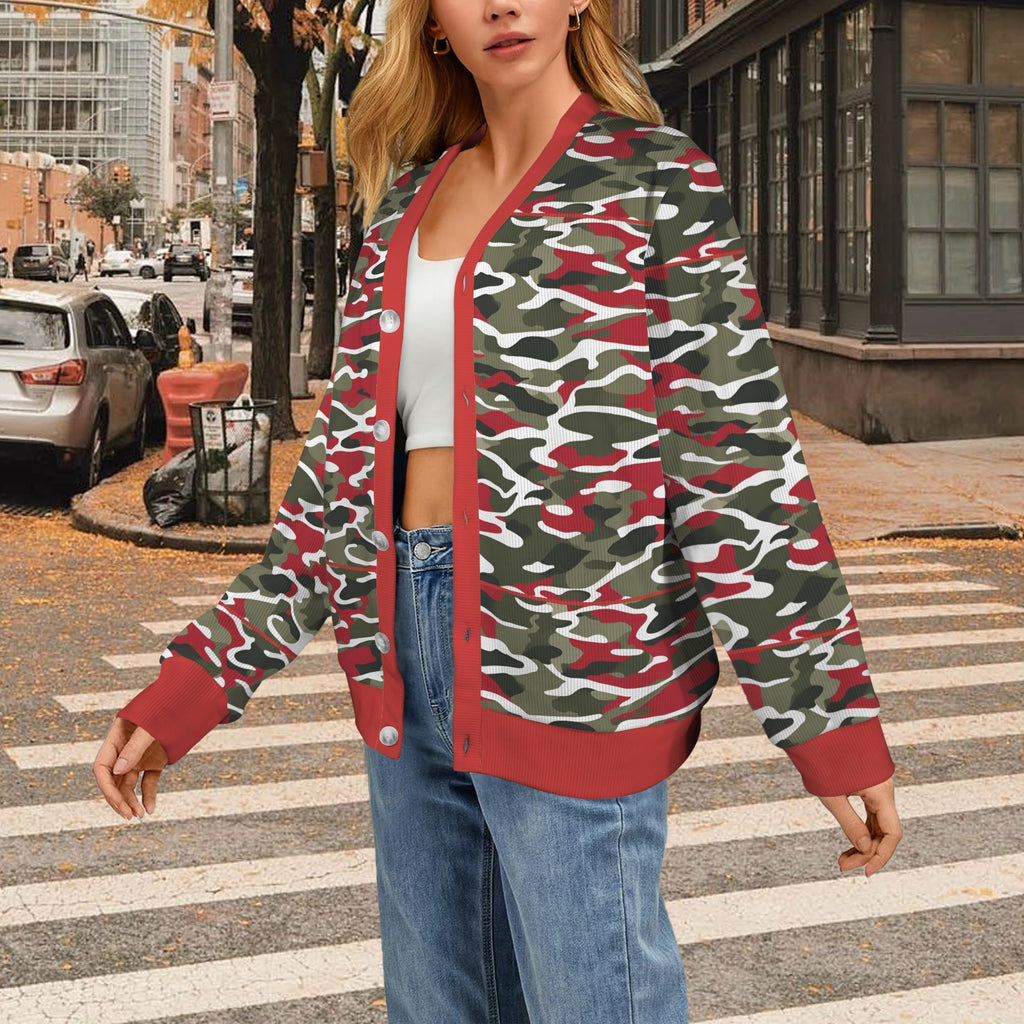 R&RH Womens camoflage and Red Designer Sweater Women's Ribbed Cardigan (Model H73)