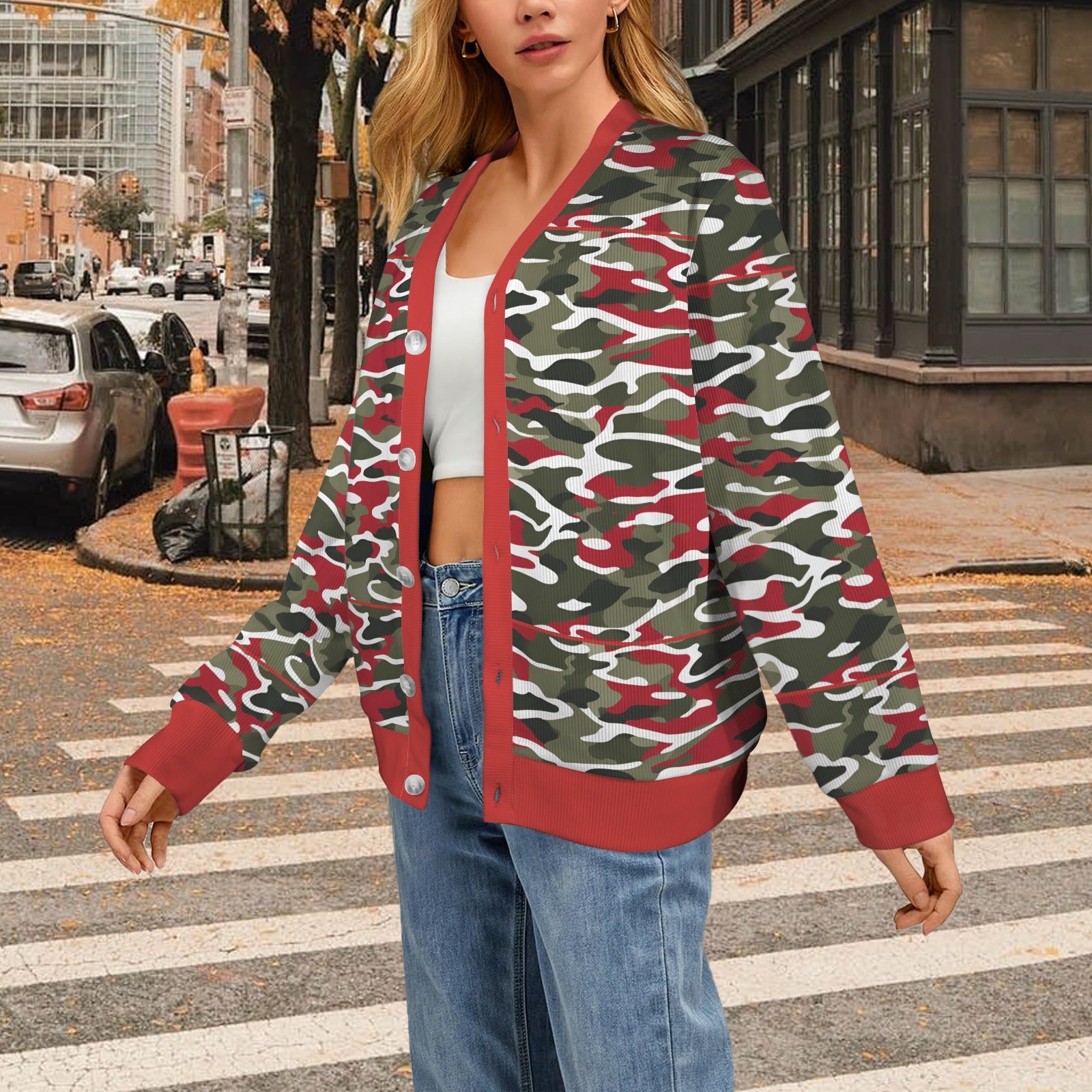 R&RH Womens camoflage and Red Designer Sweater Women's Ribbed Cardigan (Model H73)