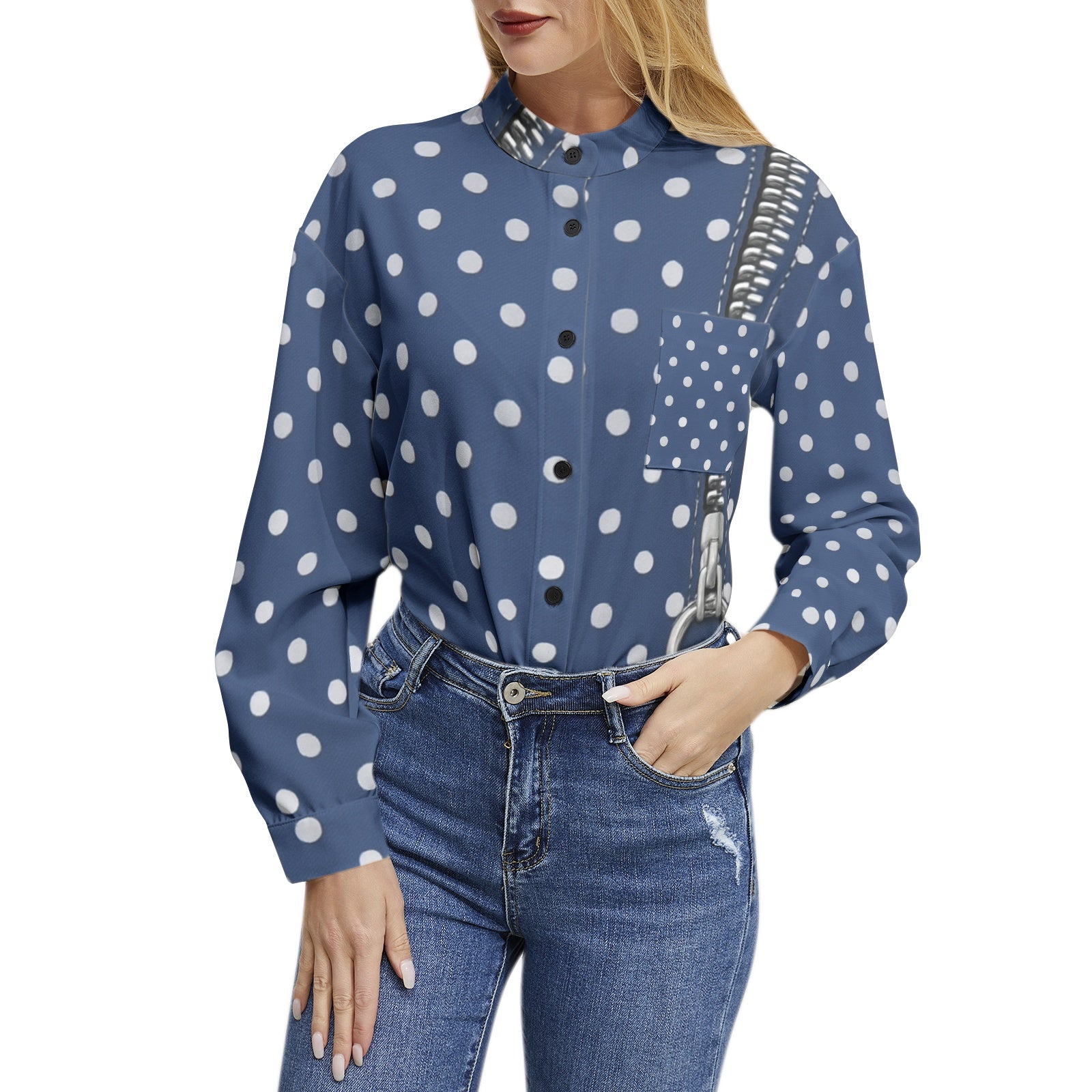 Rich and Rich Blue Polka Dot Long Sleeve Button Up Casual Women's Shirt Top