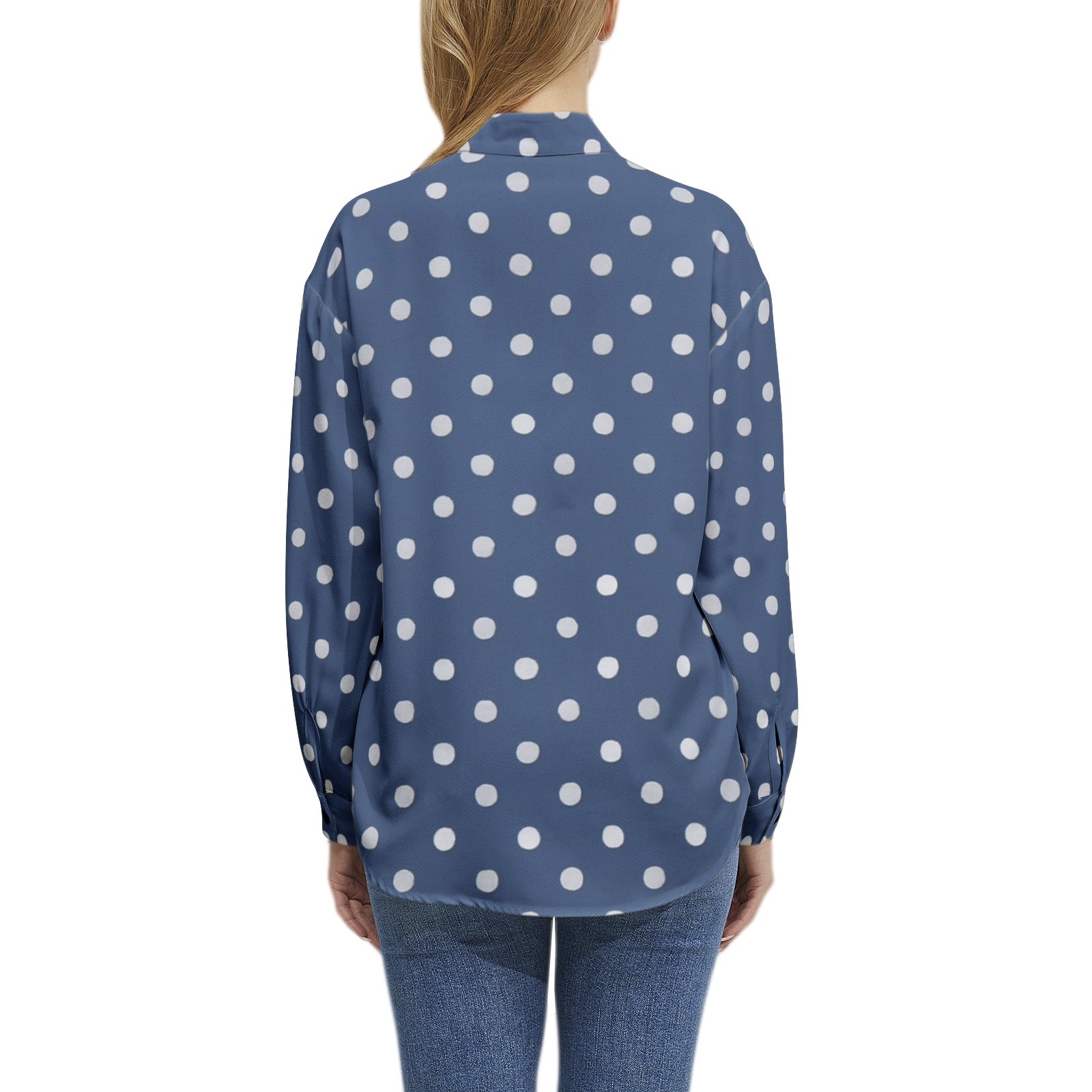 Rich and Rich Blue Polka Dot Long Sleeve Button Up Casual Women's Shirt Top