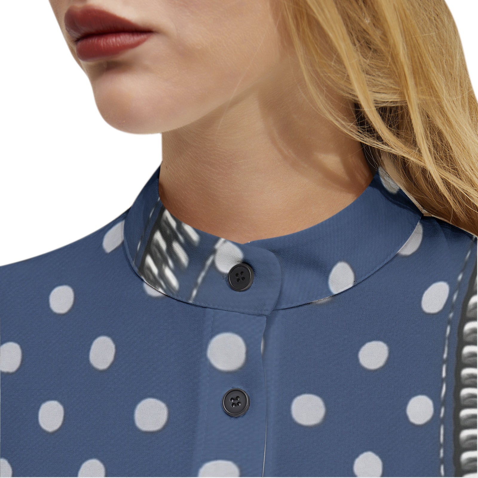 Rich and Rich Blue Polka Dot Long Sleeve Button Up Casual Women's Shirt Top