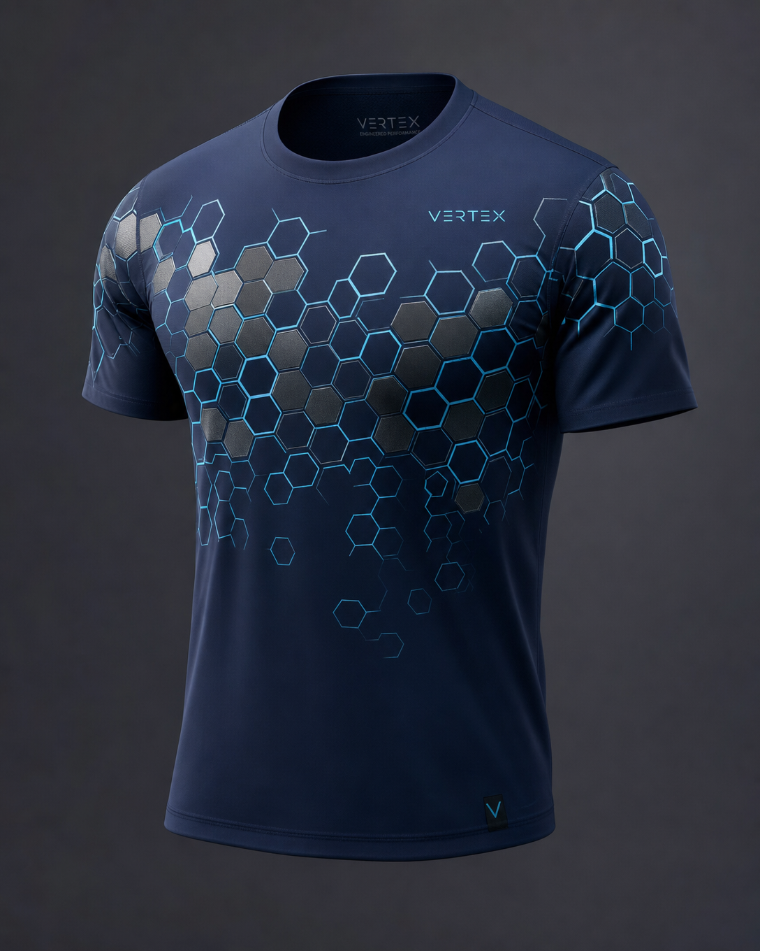 Vertex Hex Core T-Shirt in deep navy with ice cyan geometric Vertex menswear design