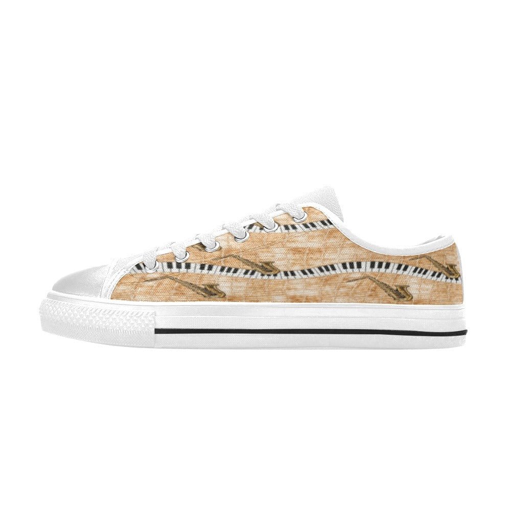 Men’s beige low-top sneakers with piano and saxophone artwork and navy-black accents — additional view 10