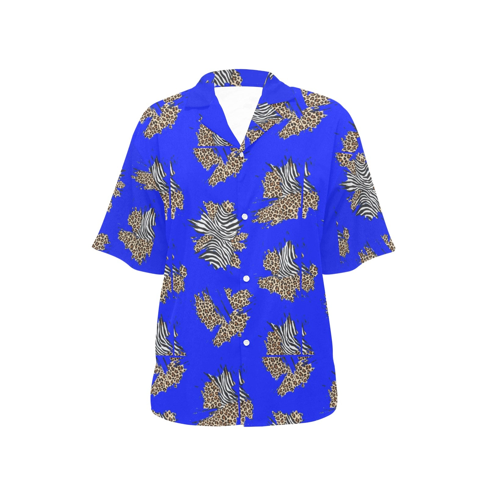 Women's royal blue animal print short-sleeve Hawaiian shirt with notch collar — alternate view