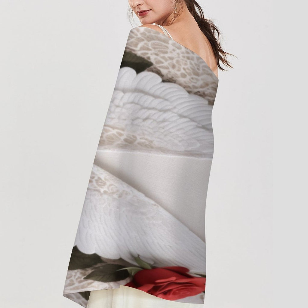 Soft imitation cashmere tassel scarf in neutral color, styled on a mannequin