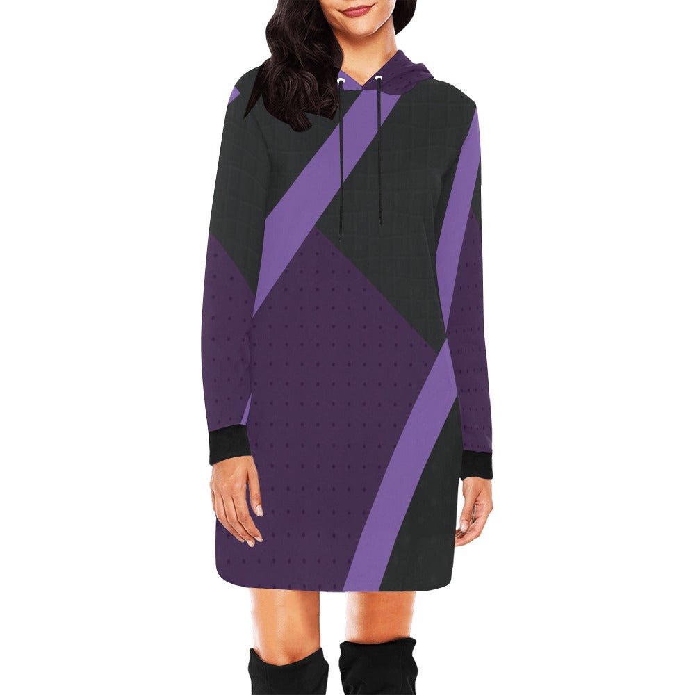 Oversized purple abstract hoodie dress with hood and deep front pockets — product detail