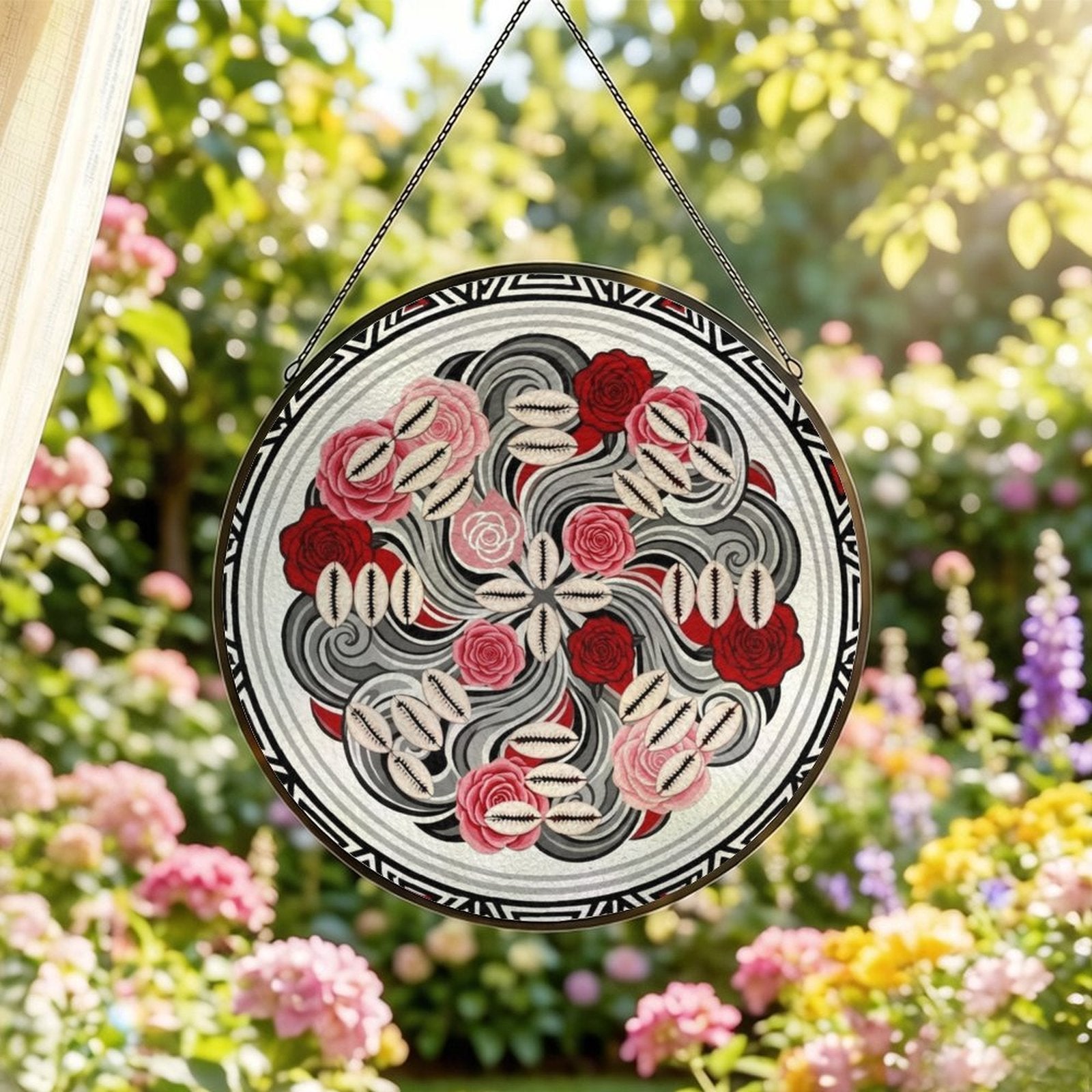 Rose floral glass suncatcher with tribal-inspired artwork and included metal hanging chain — alternate view