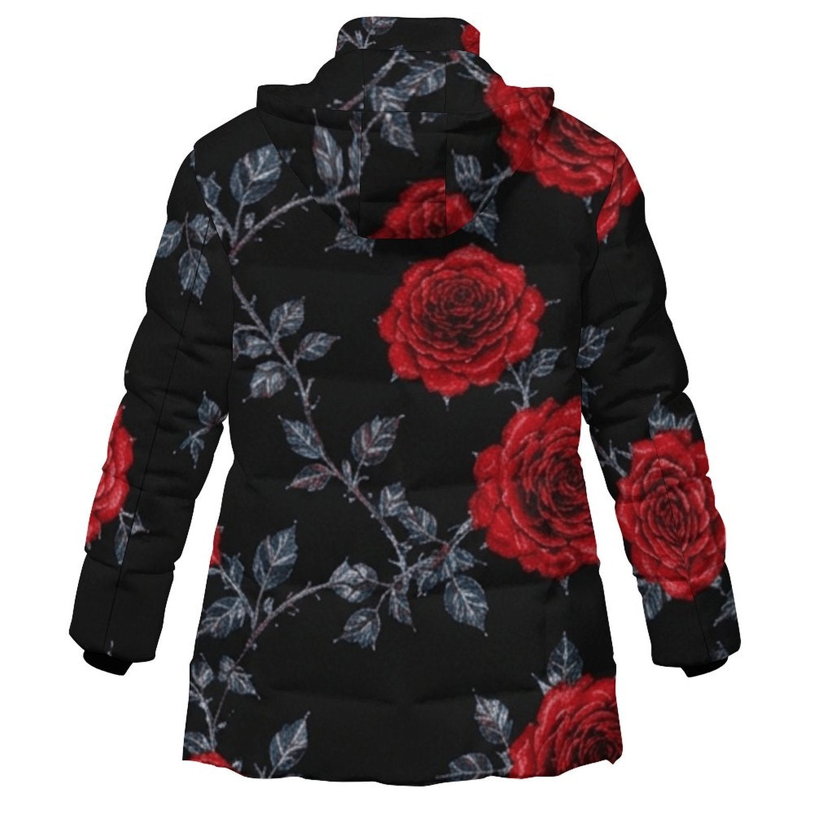 Rich and Rich Women's Black Hooded Puffer Coat with Red Roses | Luxury Floral Winter Jacket with Detachable Hood - Rich and Rich Homeopportunities