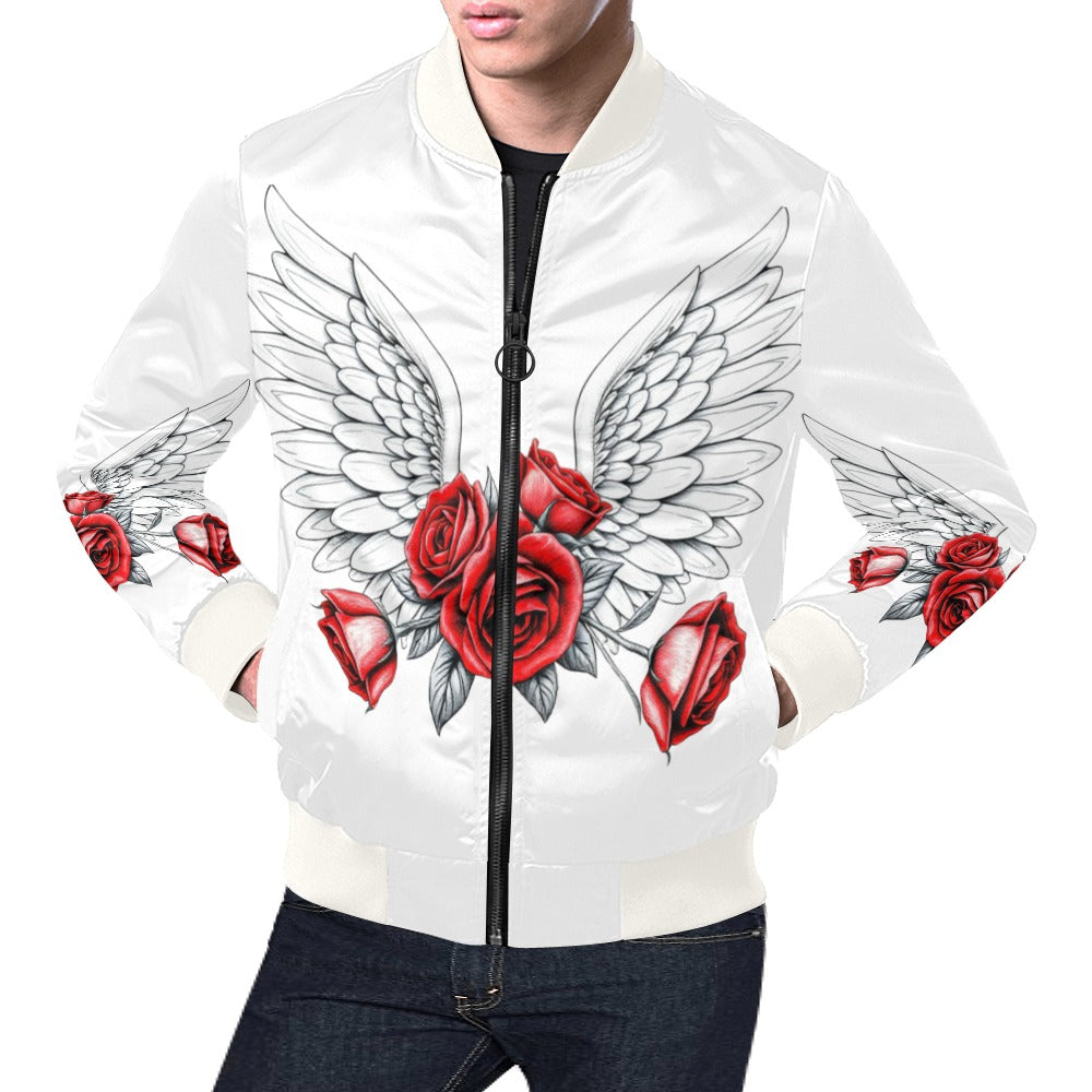 R&RH Mens Wings and Roses White Full Zip Hoodie All Over Print Bomber Jacket for Men (Model H19)