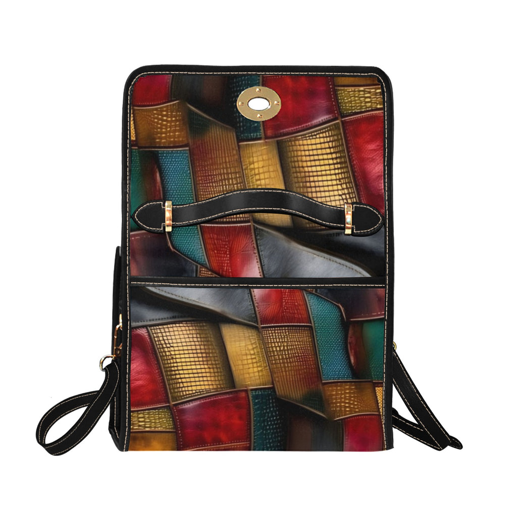 R&RH Multi Brown Color Block Womens Waterproof Leather Tote Bag with Black Adjustable Straps