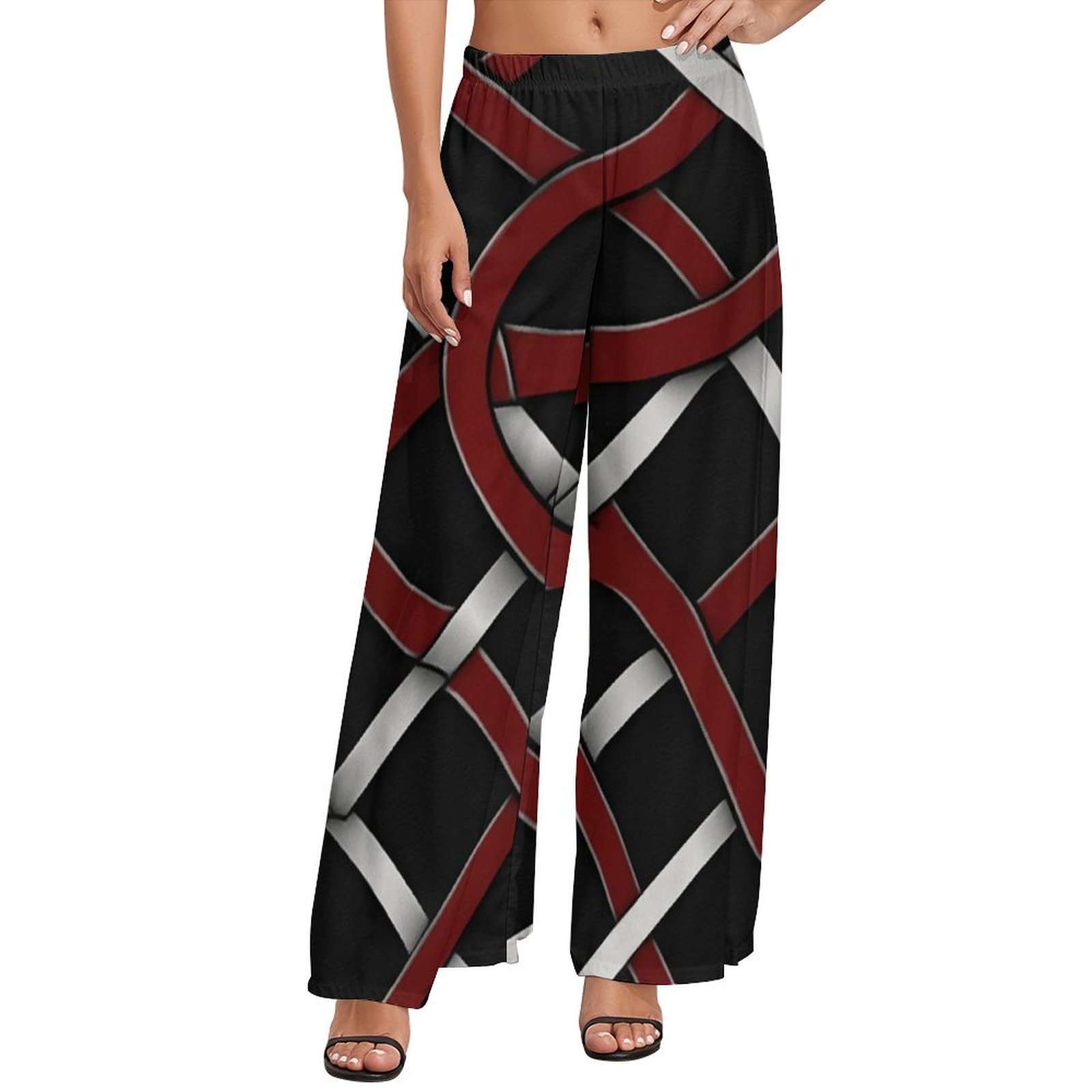 High-waisted red and gray wide-leg women's pants with relaxed silhouette