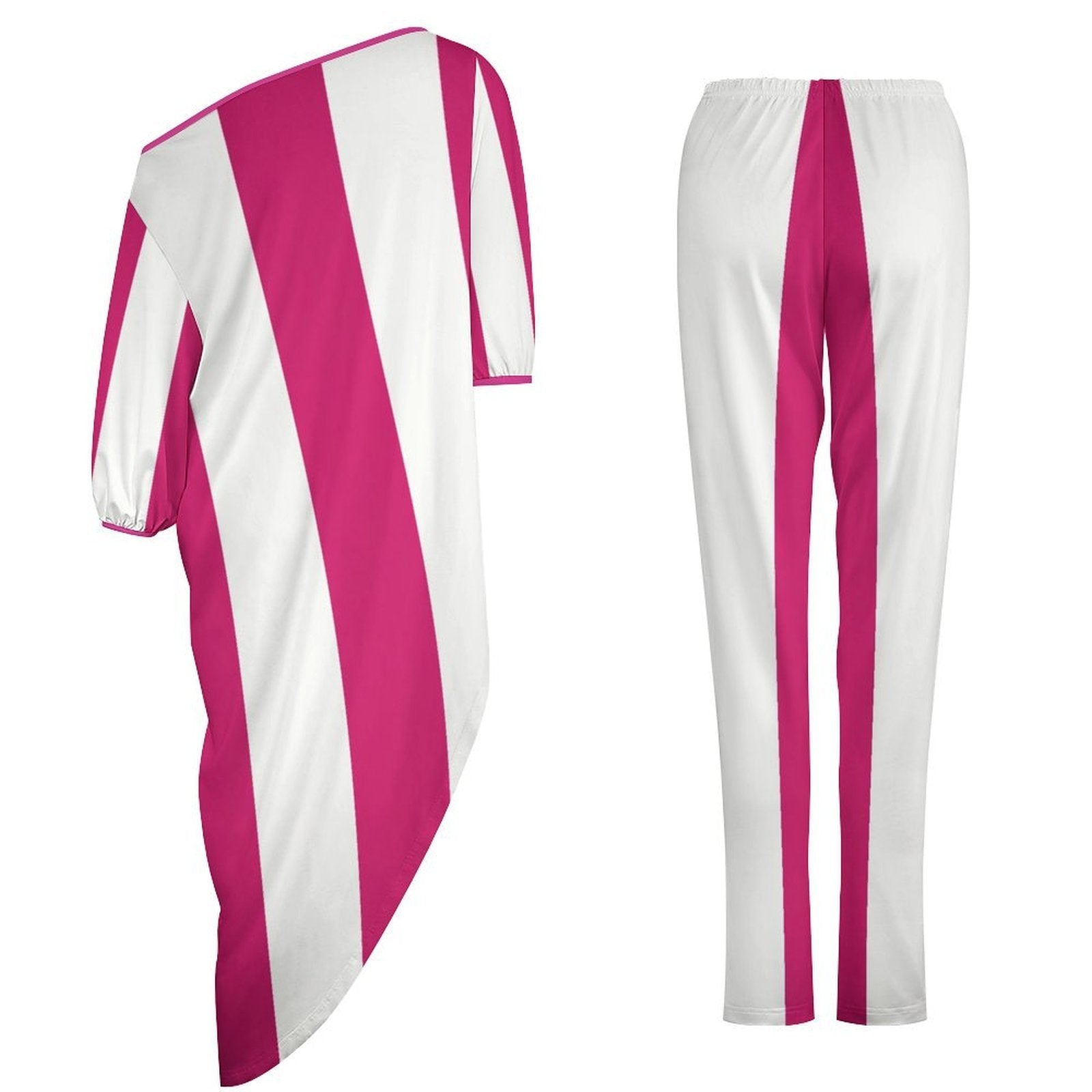 Pink and white striped off-shoulder top paired with matching trousers two-piece outfit — additional view 8