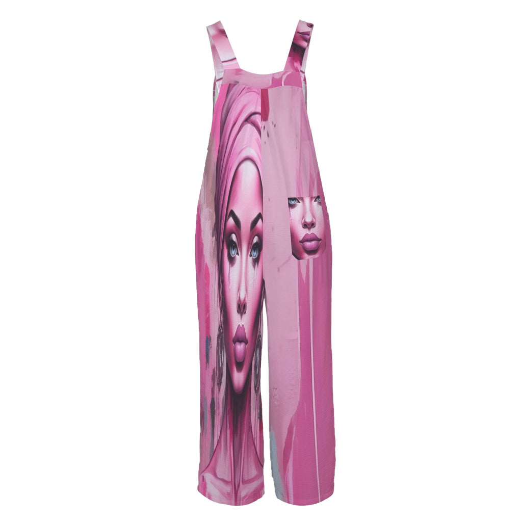 HerEyes sleeveless wide leg jumpsuit with button straps and pockets in polyester-spandex fabric