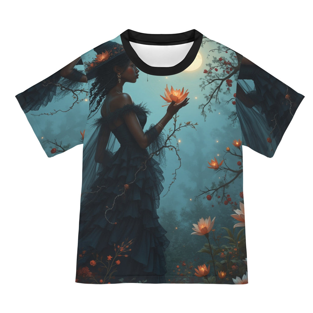 Witch Halloween graphic all-over print women's t-shirt in black with colorful design