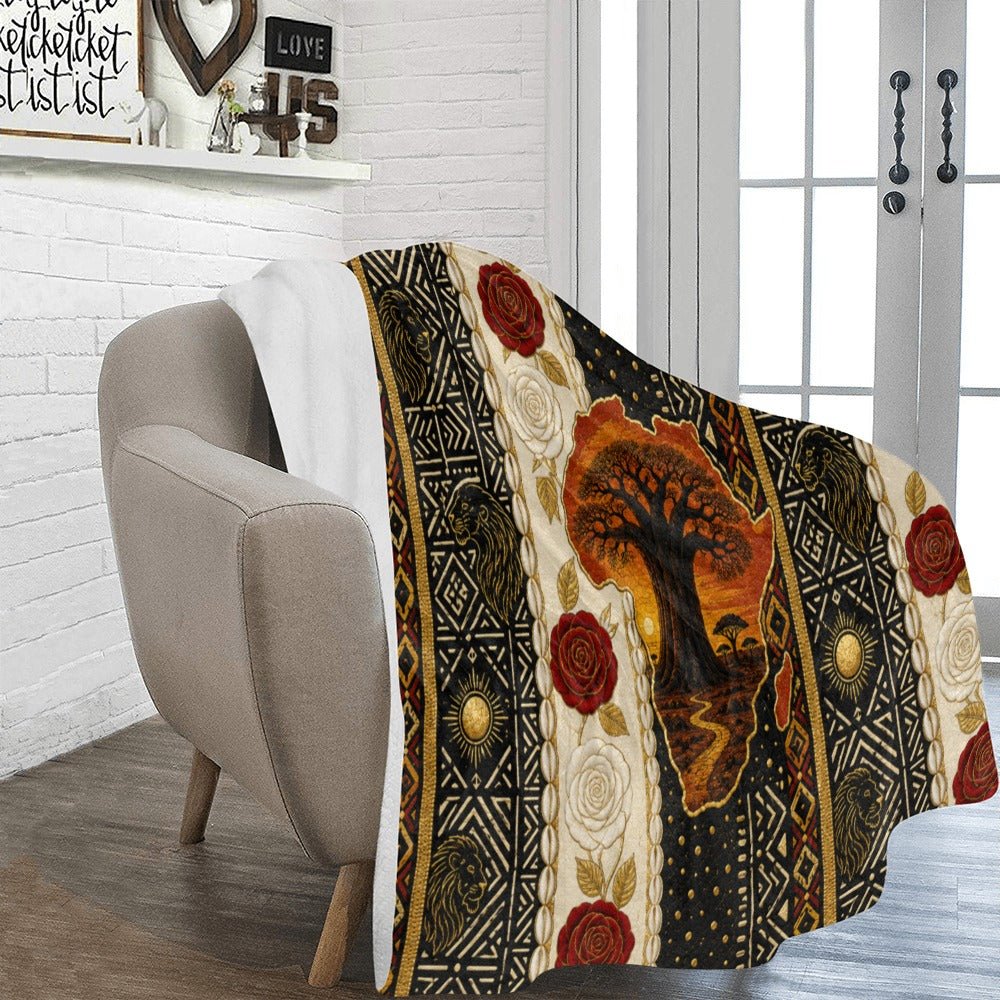 Micro fleece throw with Baobab sunset and tribal patterns in earth tones, 50 by 70 inches
